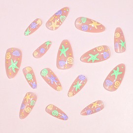 Almond Press on Nails Medium Fake Nails wite 3D Star Shell Designs Summer Nails Press ons Cute Glue on Nails Colorful Beach Acrylic Nails Nude False Nails Reusable Stick on Nails for Women 24 Pcs
