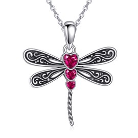 ONEFINITY Dragonfly Necklace 925 Sterling Silver Heart Birthstone Pendant Cute Dragonfly Jewelry Gift for Women Lovers (07-Jul-Ruby)