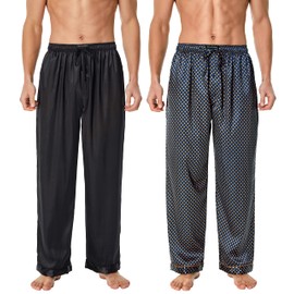 TONY AND CANDICE Men’s Satin Silk Pajama Pants Long PJ Bottoms, Lounge Sleep Pants with Pockets Pack (Black+Blue/Golden-2 Pack, Large)
