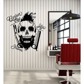 Vinyl Wall Decal Barbershop Skull Barber Tools Straight Razor Scissors Stickers Mural (ig6432) Black
