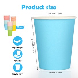 Fowecelt Rainbow Paper Party Cups - 60pcs 9 Ounce Coloured Paper Cups, Picnic Cups Disposable Cups Neon Party Cups Round Dessert Cups for Birthday Party Supplies