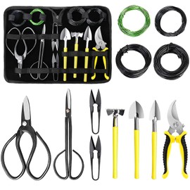 MOSFiATA Bonsai Tools Set 13 Pcs High Carbon Steel Succulent Gardening Trimming Tools Set Include Pruning Shears, Scissors, Mini Rake, Round and Pointed Shovel &Training Wire in PU Leather Bag