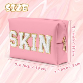 Y1tvei Preppy Patch SKIN White Letter Pink Cosmetic Toiletry Bag PU Leather Portable Makeup Bag Daily Use Storage Pouch Toiletry Purse Waterproof Organizer for Travel Varsity Women Girls Teens(Pink)