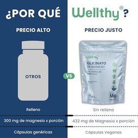 Wellthy Glicinato de Magnesio 120 Cápsulas. 432mg, 100% Natural, Alta Absorción, Cápsulas Veganas, Bottle Free.