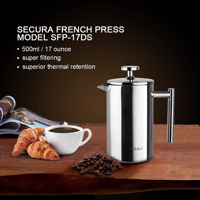 Secura French Press Coffee Maker, 304 Grade Stainless Steel Insulated