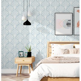 Hopepak White and Blue Wallpaper Peel and Stick Self Adhesive Removable Wall Paper for Bedroom Sector Blue Contact Paper for Bathroom Living Room Home Decor 17.3''x78.7''