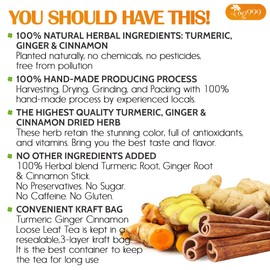 TOG999, Premium 6oz/100 cups Ginger Turmeric Cinnamon Loose Leaf Herbal Tea. Improve Digestion, Support Brain, Weight, Skin and Sleep. Premium Quality Spiced Blend. No Sugar, No Caffeine, No Gluten, Vegan.
