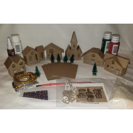 Putz Style 6 Mini Vintage Houses - DIY Complete Kit - Little Village Houses - Red/Green