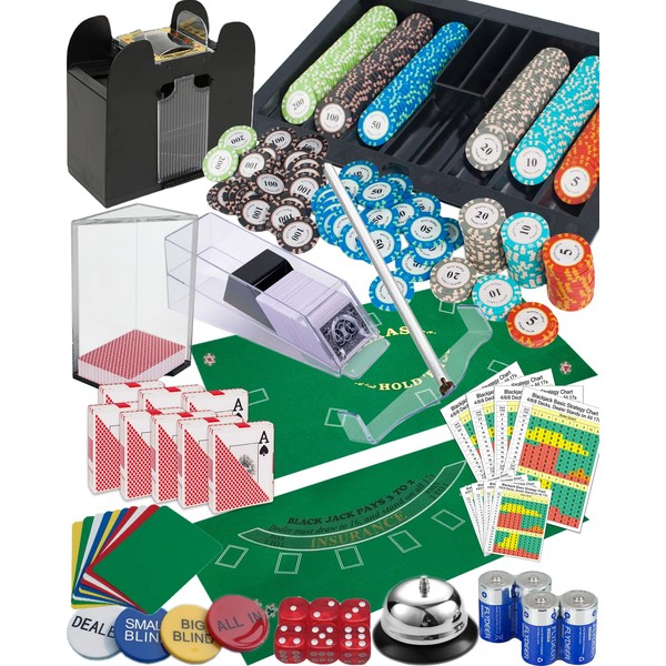 Casino Set: Shuffler + Card Shoe + 300pcs Chips + Double-Sided Felt + 8Deck Playing Cards + Chip Rake + Bell + Dice + Cut Cards + Casino Buttons + 4pcs Batteries (Casino Professional Super Set)