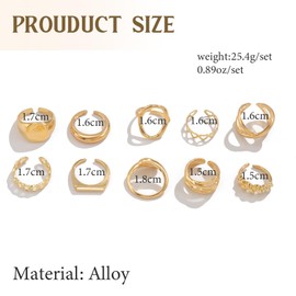 XSDSLS Pack of 10 Gold Rings for Women Chunky Rings Chunky Rings Knuckle Ring Open Adjustable Ring Stackable Finger Ring Chunky Dome Thick Gold Rings for Women, Metal, No Gemstone