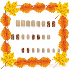 Thanksgiving Press on Nails Medium Square Artificial Acrylic Nail French Glitter Yellow Maple Leaf with White Edge Unique Stick on Nail Full Cover Reusable Coffin Artificial Fingernails for Women
