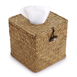 BSTKEY Household Cube Seagrass Facial Tissue Box Decorative Woven Paper Holder, Original Color,Yellow,14x14x13