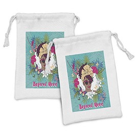 Ambesonne Afro Girl Fabric Pouch Set of 2, Tropical Mood Message with a Woman Hibiscus Butterfly Palm Flowers, Small Drawstring Bag for Toiletries Masks and Favors, 9" x 6", Turquoise and Magenta