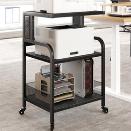 GAOMON Printer Stand, Large Printer Table with Power Outlets and USB Ports, Mobile Printer Stand, 3 Tier Rolling Printer Cart with Adjustable Storage Shelf for Home Office Living, Rustic Black
