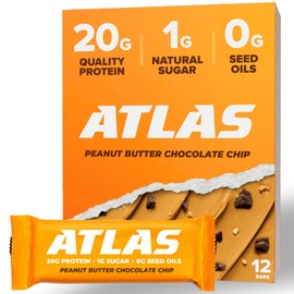 Atlas Protein Bar Atlas Protein Bar  20g Clean Protein, 1g Natural Sugar, No Seed Oils, Gluten Free, No Artificial Sweeteners, Peanut Butter Chocolate Chip, 12 Count