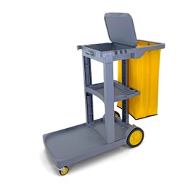 Compact Size Janitorial Cart | 3 Shelves | 25 Gallon Vinyl Bag with Cover | 450 LBS Capacity | Gray