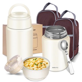 Bolu Fly 2 Pack Insulated Thermos Food Jar Stainless Steel Soup Containers for Hot &Cold Food Thermal Lunch Containers with Carry Bag and Folding Spoon（18.5oz，27 oz）(Ivory)