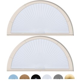 Jlong 2 Pcs 48x24 Arch Window Shade Half Circle Round Pleated Blinds No Tools Arched Light Filtering Pleated Fabric Shade Window Covering for Half Moon Semi Circle Arch Windows, Easy to Cut Install