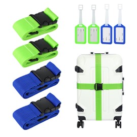 Suitcase Strap, Quiet Shade-Clematis Blue, Suitcase Strap & Suitcase Strap Set, Adjustable Non-Slip Luggage Strap, Long Luggage Strap + 4 Pieces Luggage Tags, Safe Travel for Suitcase, 2 Green + 2
