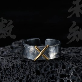 SUKKCCNO Retro 18K Gold Plated Cross Rings Two Tone Black Band for Men Open Adjustable Vintage Handcrafted Christian Religious Faith Cross Black Ring Jewelry Gift for Men