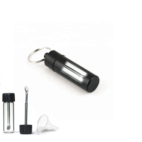 ASIO Glass Vial with Snuff Spoon in Waterproof Aluminum Pill Case | Small Glass Bottle with Mini Funnel in Keychain Pill Holder for Outdoor Travel (Black)
