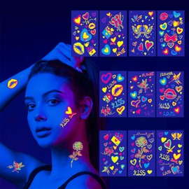 Jastli 10 Sheets Glow in The Dark Temporary Tattoos Waterproof Neon UV Blacklight Body Face Flash Fake Tattoo Stickers Rave Party Supplies (TP-1)