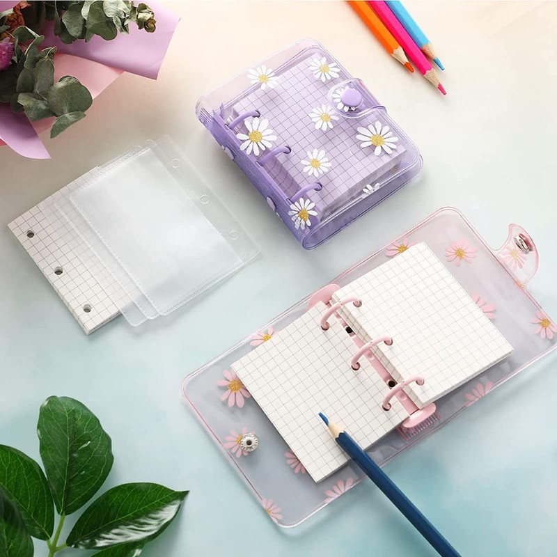 Mini Organizer 3 Hole Binder Stylish Chrysanthemum Pattern Cover Transparent