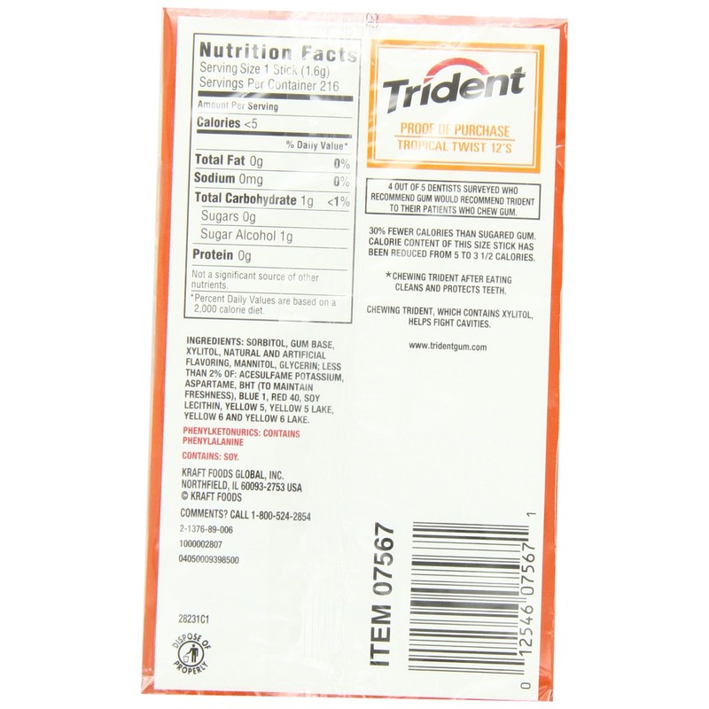 Trident Sugar Free Gum (Tropical Twist, 18-Piece, 12-Pack)