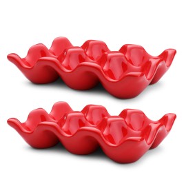 Ceramic Egg Tray 6-Cup Egg Holder Container for Fridge (Red, 2 Pack)