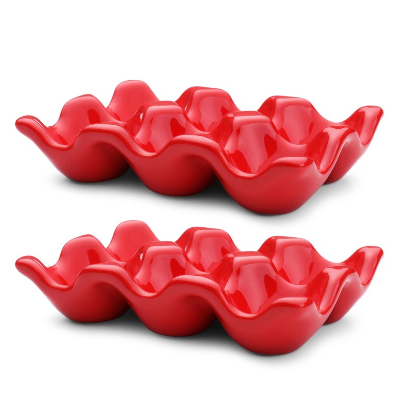 Ceramic Egg Tray 6-Cup Egg Holder Container for Fridge (Red,