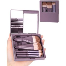 PGRODE Pinceles de maquillaje de tamaño viaje, mini juego con estuche rígido y espejo integrado, 5 brochas de maquillaje pequeñas, kit de viaje para  