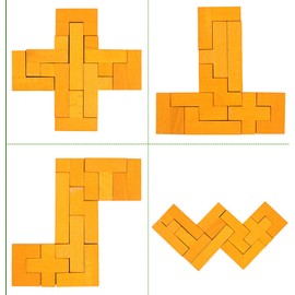 Wooden Puzzle Pattern Blocks Brain Teasers Game 3D Russian Building Toy Geometric Wood Tangram Shape Jigsaw Puzzles Montessori STEM Educational Toys Gift for Kids Adults (Yellow)