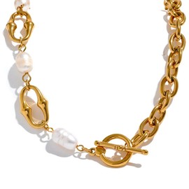 Mchic Gold Toggle Pearl Necklace for Women: Gold Plated Paperclip Chain and Chunky Link Chain with Freshwater Pearls Asymmetrical Statement Chain Necklace Gold Jewelry Gift 20 Inch