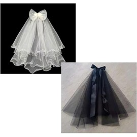 Wedding Bride Bow Veil Hair Clips White Lace Pearl Veils Black White Curly Bow Hairpins for Women Bride Accessories (Black White, One Size)