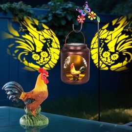 Solar Lanterns Outdoor Waterproof Metal Rooster Patterns with Resin Rooster Inside Garden Decor Gifts for Women Mom Grandma Hanging Solar Lights Decoration Outside for Yard, Patio, Backyard, Porch