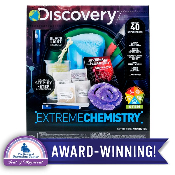 Discovery Extreme Chemistry Stem Science Kit by Horizon Group Usa, 40 Fun Experiments, Make Your Own Crystals, DIY Glowing Slime, Fizzy Eruptions, Gooey Worms & More, Multicolor