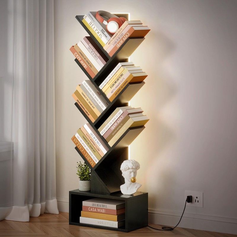 Hoctieon 6 Tier Tree Bookshelf, Tall Bookcase with Drawer, Freestanding