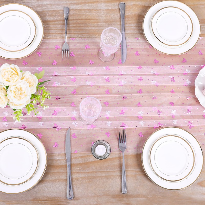 Pink Bow Tulle Table Runner Glitter Metallic Foil Fabric 29