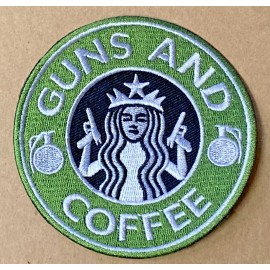 Guns & Coffee ~ Embroidered Patch  ~ Iron On ~ Starbucks Logo Parody