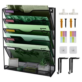 IOUGDSEC 6-Tier Mesh Wall File Holder Organizer with Bottom Flat Tray, Vertical Hanging File Organizer, Office Hanging File Folder Magazine Rack, Nametag Label Hooks Set Included, Black