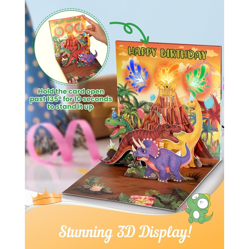 Coralogo Musical Pop Up Birthday Cards for Kids, Dinosaur &