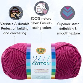 Lion Brand 24/7 Cotton Rose 761-142 (3-Skeins - Same Dye Lot) Worsted Medium #4 Cotton Yarn for Crocheting and Knitting - Bundle with 1 Artsiga Crafts Project Bag