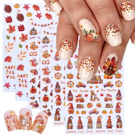 6 Sheets Fall Nail Stickers 3D Self-Adhesive Thanksgiving Nail Sticker with 5D Embossed Maple Leaf Nail Art Stickers Squirrel Pumpkin Leaves Design Autumn Nail Decals for Holiday Manicure Decorations