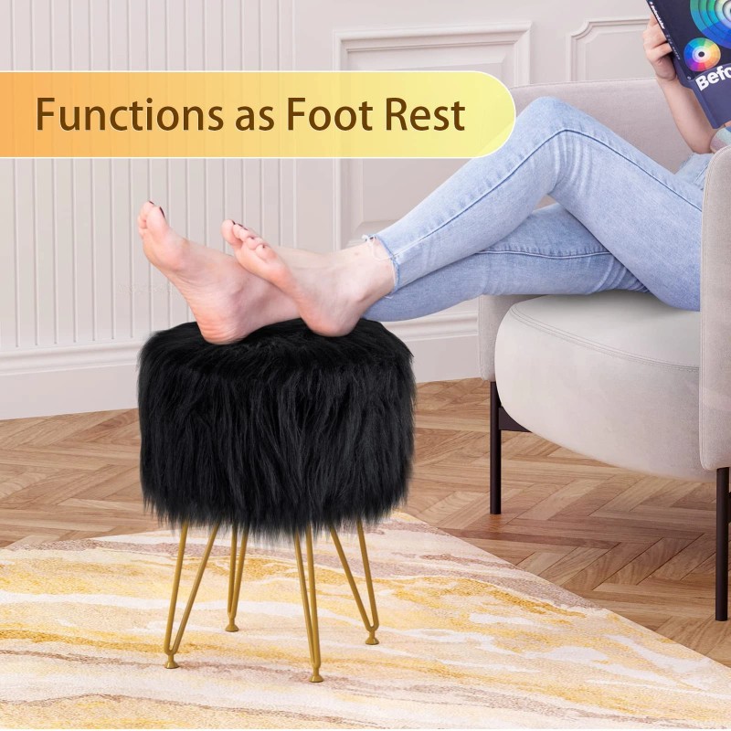 Runlexi Vanity Stool Chair with Storage, Faux Fur Makeup Room