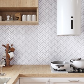 CRE8TIVE 16 Sheets Herringbone Peel and Stick Backsplash Tiles 12"x12" Stick on Backsplash for Kitchen Wall Tiles Self Adhesive Stick on Tiles White Wall Stickers for Bathroom Laundry Room Fireplace