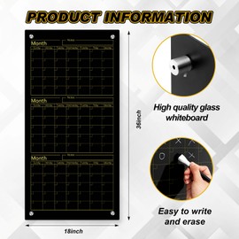Kritkin Black Glass Whiteboard Calendar 36" X 18" 3 Month Dry Erase White Board Planner Glass Large Wall Mounted Calendar with Marker Tray for Wall Home Office