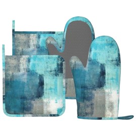 MIFSOIAVV Modern Art Abstract Gery Turquoise Oven Mitts and Pot Holders Sets Silicone Turquoise Kitchen Mitts Potholders Heat Resistant 4Pcs Teal Oven Gloves Hot Pads for Kitchen Baking Cooking BBQ