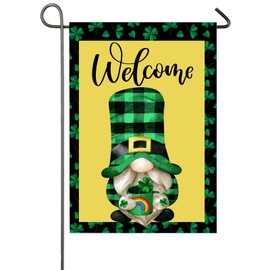 St Patricks Day Hat Garden Flag 12x18 Inch Double Sided Shamrocks Clovers Green Hat Gnome Welcome Garden Flag March Spring Yard Holiday Decoration