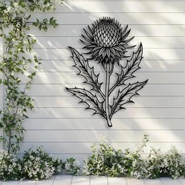 Metal Thistle Wall Art -15.7 * 11.8 Inch Metal Cutout, Black Sand Texture Powder Coated, Botanical Statement Piece for Castle & Farmhouse Interiors