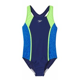 Speedo Traje de ba o deportivo de una pieza con espalda cruzada para ni as, Azul Oscuro/Verde Ne n, Medium